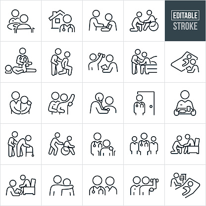 A set of home health care icons that include editable strokes or outlines using the EPS vector file. The icons include a home health care nurse sitting with patient in wheelchair at home, doctor with house in background, doctor measuring patients blood pressure using a blood pressure cuff, home caregiver holding hand of disabled person, home health caregiver working with patient to stand, home health care professional helping person out of bed, doctor at bedside of patient, home healthcare nurse with arm around shoulder of patient, home health caregiver helping patient rehabilitate by lifting weights, occupational therapist working with elderly person at home, nurse checking heart of patient using a stethoscope, healthcare professional serving food, home health nurse assisting elderly patient walk with walker, home care giver pushing person in wheel chair and other home health care related icons.