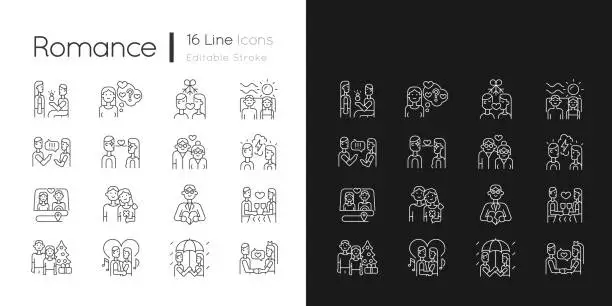 Vector illustration of Romance linear icons set for dark and light mode