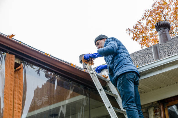 istock Man in ladder removing autumn leaves from gutter 1349214149