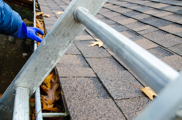 istock Hand with glove removing autumn leaves from gutter 1349214335