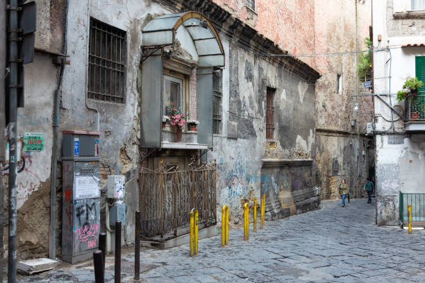 Naples, Italy, October 2021: Narrow colorful streets with house shrines, laundry in Centro Storica, Naples, Italy
