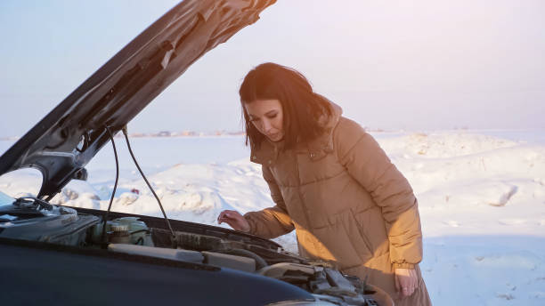 istock Lady looks at engine of broken automobile on snowy road 1349218084