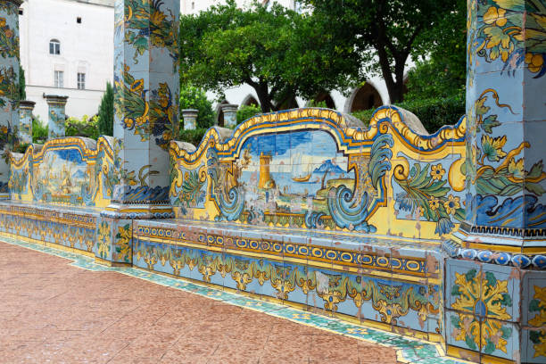 beautiful cloister of santa chiara, naples, italy - santa chiara imagens e fotografias de stock