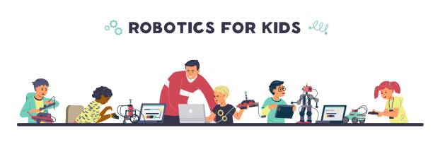 Robotics for kids horizontal vector banner Robotics for kids horizontal vector banner. Children with teacher engineering and programming robots. child robot class stock illustrations