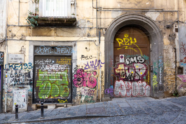 Naples, Italy - May 24, 2024: Massive Wall Graffiti in Naples: A Vibrant Expression of Urban Art and Local Culture in Southern Italy.