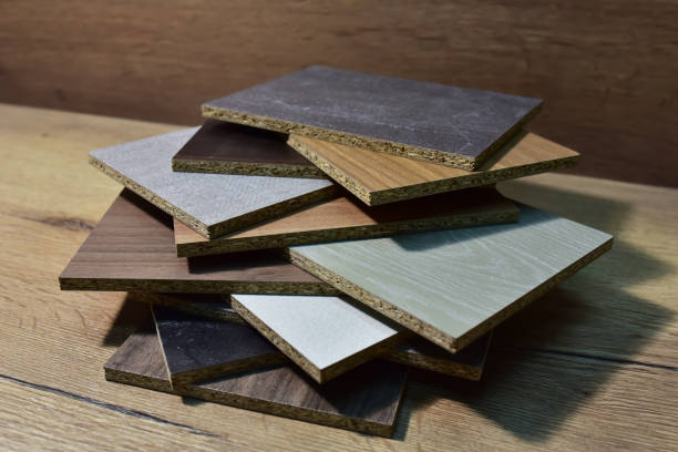 istock Samples of fibreboard panels with wood texture. 1349220036