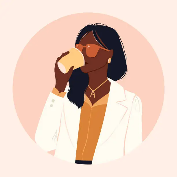 Vector illustration of Vector illustration of young stylish african american girl in business suit and sunglasses, drinking coffee.