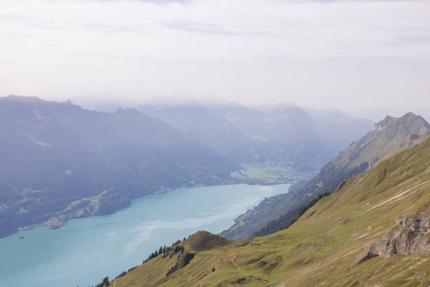 traumhafter wandertag in den alpen der schweiz. herrlicher blick über einen wunderschönen brienzersee. was für eine tolle aussicht. - lake thun swiss culture switzerland berne stock-fotos und bilder