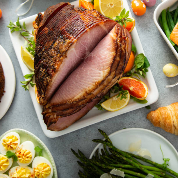 istock Easter brunch with spiral cut ham and roasted salmon 1349223802