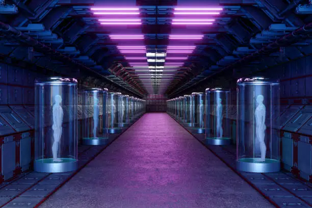 Futuristic Sci Fi Hallway Interior With Pink Neon Lights And Cloning Cyborgs In Cylinder Tubes.