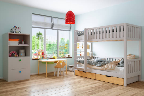 Modern Childroom Interior With Bunkbed, Table, Cabinet And Garden View From The Window. Modern Childroom Interior With Bunkbed, Table, Cabinet And Garden View From The Window. playroom stock pictures, royalty-free photos & images