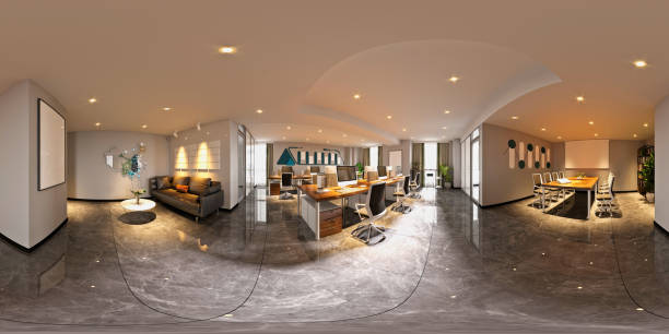 istock 360 degrees VR view of modern office, 3d rendering working space. 1349225811