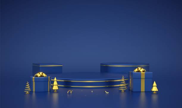 istock Blue round and cube podium. Scene and 3D platform with gold circle on blue background. Blank Pedestal with gift boxes with golden bow and golden metallic pine, spruce trees. Vector illustration. 1349225814