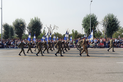 Putrajaya, Malaysia - August 31, 2023: Close up view of the parade contingent marching at the 66th Independence of Malaysia in Putrajaya.