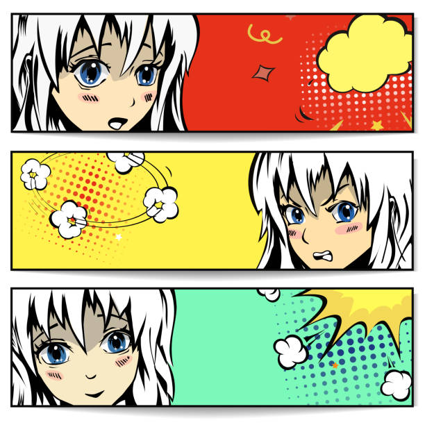 девушка лицом баннеров манги. мультяшное аниме - real people illustrations stock illustrations