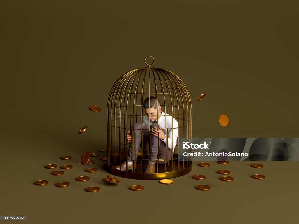 person inside a golden cage with coins falling around person inside a golden cage with coins falling around. concept of frustration, economy, failure and business. 3d rendering. (3d character, 3d person, not real person) Birdcage Stock Photo