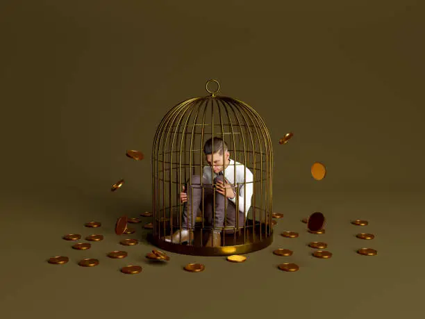 person inside a golden cage with coins falling around. concept of frustration, economy, failure and business. 3d rendering. (3d character, 3d person, not real person)