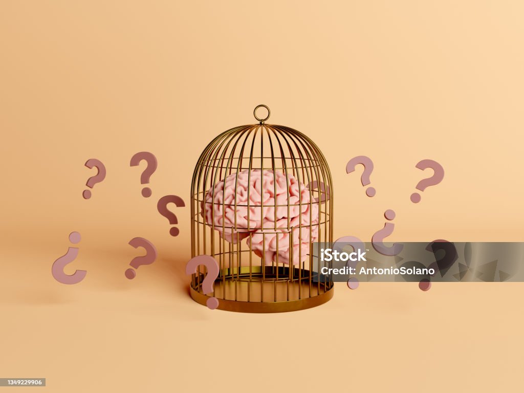 brain trapped inside a cage with question marks brain trapped inside a cage with question marks floating around. concept of mental block and intelligence . 3d rendering Trapped Stock Photo