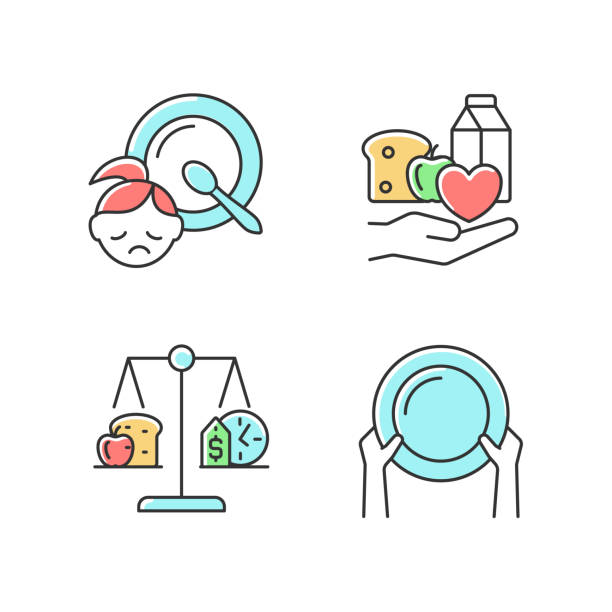 Helping people in need RGB color icons set Helping people in need RGB color icons set. Food donation and charity. Poverty and hunger. Nutrition stability. Isolated vector illustrations. Simple filled line drawings collection malnourished stock illustrations