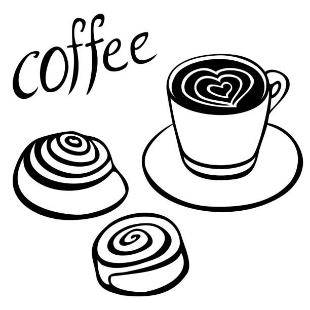 bildbanksillustrationer, clip art samt tecknat material och ikoner med coffee cup with two cinnabons - cinnamon buns bakery