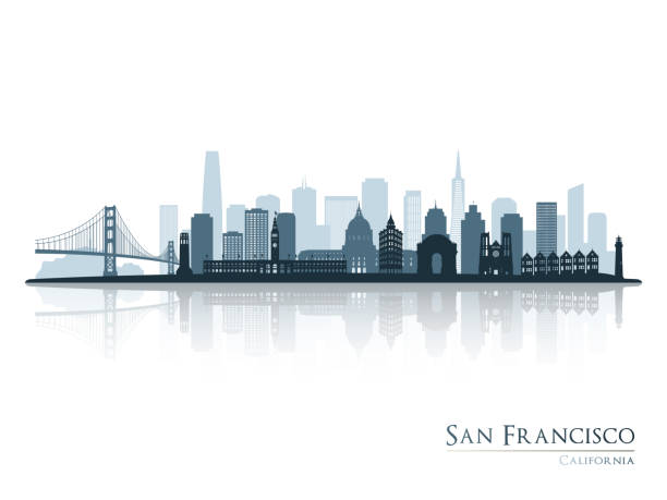 illustrations, cliparts, dessins animés et icônes de silhouette de l’horizon de san francisco avec reflet. paysage san francisco, californie. illustration vectorielle. - golden gate bridge illustrations