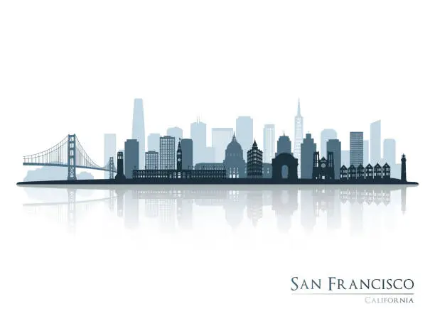 Vector illustration of San Francisco skyline silhouette with reflection. Landscape San Francisco, California. Vector illustration.