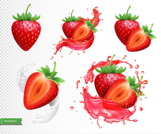 ilustrações de stock, clip art, desenhos animados e ícones de strawberry realistic isolated vector set, whole and slice of strawberry in juice spash 3d icons - splashing juice liquid red