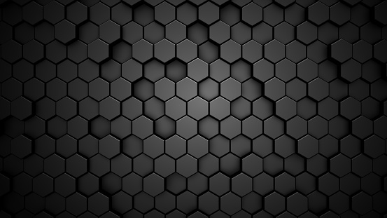 Black digital technological background with steel hexagon cells. 3d abstract illustration of honeycomb structure.