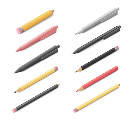 Isometric pen and pencil set. Colored vector illustration. Isolated on white background.