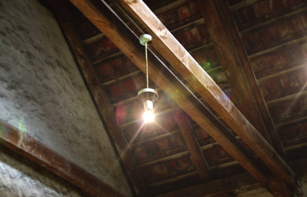istock A glowing light bulb lamp suspended from a wooden beam 1349234314
