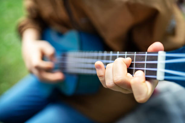 istock Little boy playing ukulele in the backyard. 1349235441