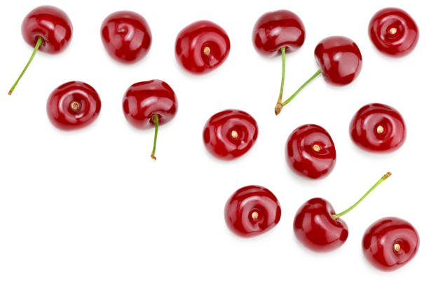 istock red cherry isolated on white background. clipping path. top view 1349235484