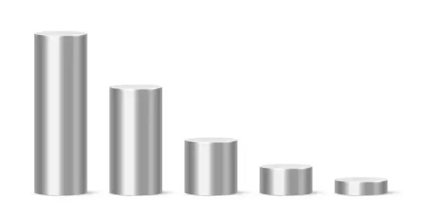 Vector illustration of Silver 3d cylinder, realistic pedestal podiums of circle shape stand with perspective