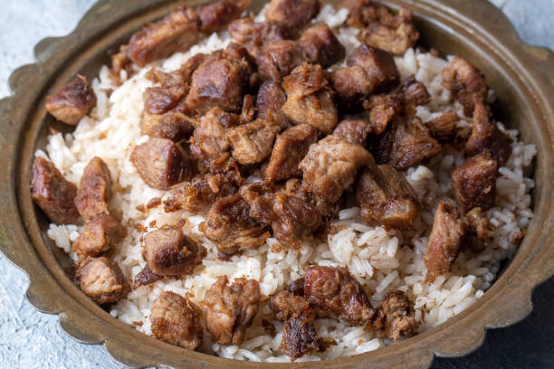 istock Turkish Meat Et Kavurma with rice - pilav (Turkish name; kurban kavurma, pilav ustu kavurma) 1349242202