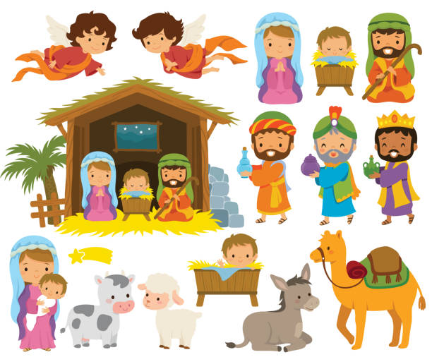 ilustraciones, imágenes clip art, dibujos animados e iconos de stock de juego de imágenes prediseñadas de belenes - jesus christ illustrations