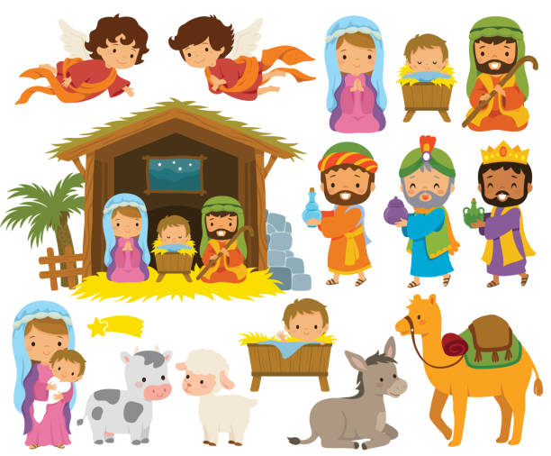 stockillustraties, clipart, cartoons en iconen met nativity scene clipart set - kerststal