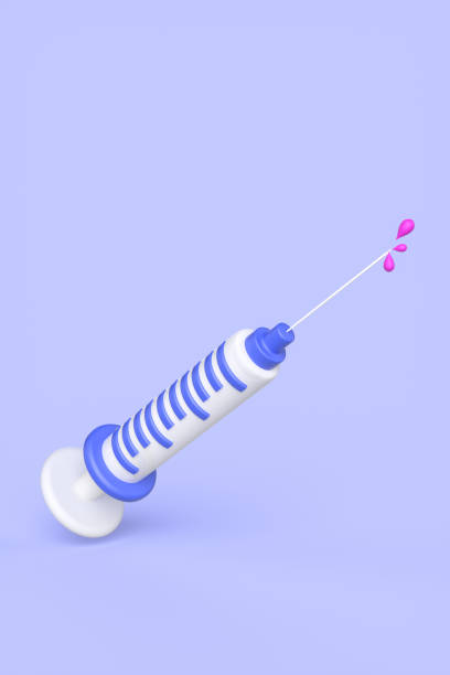 istock Cartoon blue syringe with a drop on a needle on a purple background. Coronavirus vaccination concept. 3d render illustration. 1349248286
