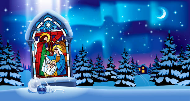 星空の下の雪の中で夜の冬��のトウヒの森に対するゴシックフレームでクリスマスシーンと照明付きステンドグラスの窓 - church in the snow点のイラスト素材／クリップアート素材／マンガ素材／アイコン素材