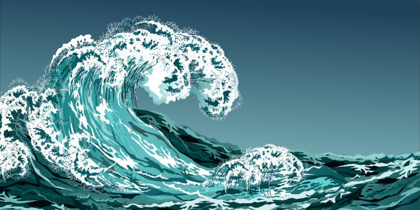 hohe welle des meeres. handgezeichnete realistische vektorillustration. - storm tide tide wave high tide stock-grafiken, -clipart, -cartoons und -symbole