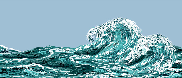 Sea waves. Hand drawn realistic vector illustration in oriental vintage style.