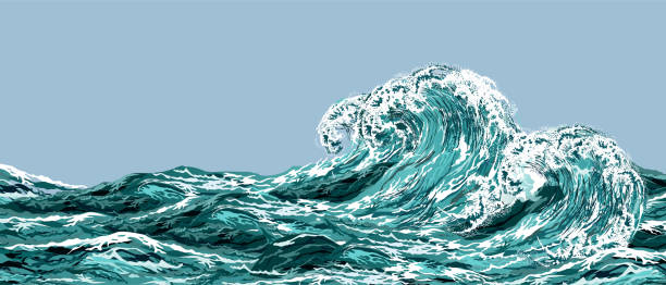 Sea waves. Realistic vector illustration. Sea waves. Hand drawn realistic vector illustration in oriental vintage style. tsunami wave stock illustrations