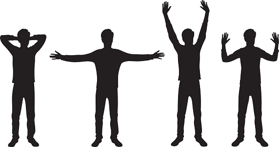 Vector silhouettes of a man posing with arms behind head and stretched out.