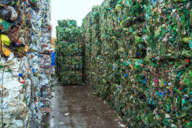 fascio di bottiglie di plastica pressate preparate per un riciclaggio dei rifiuti su un impianto di riciclaggio dei rifiuti. problema dell'inquinamento - pet equipment foto e immagini stock