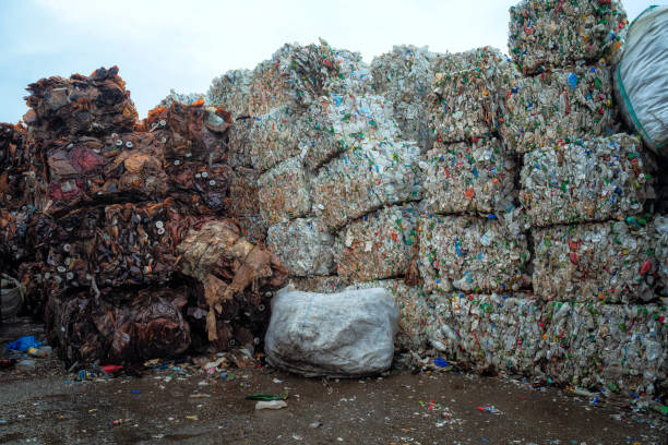 istock Bundle of pressed plastic bottles prepared for a garbage recycling on waste recycling plant. Camera moves forward. Pollution problem. Stabilized video 1349255636
