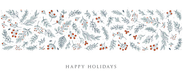 Universal Horizontal Christmas Background_03 Blue and white horizontal Christmas, Holiday border with floral motives and greetings. Universal modern line art florals. Merry xmas header or banner. Wallpaper or backdrop decor. christmas background illustrations stock illustrations