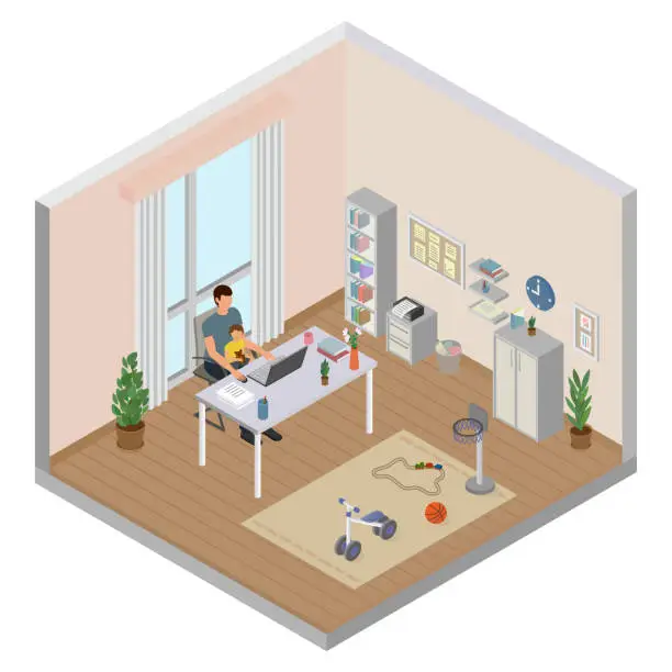 Vector illustration of Men working at home using computer holding his baby