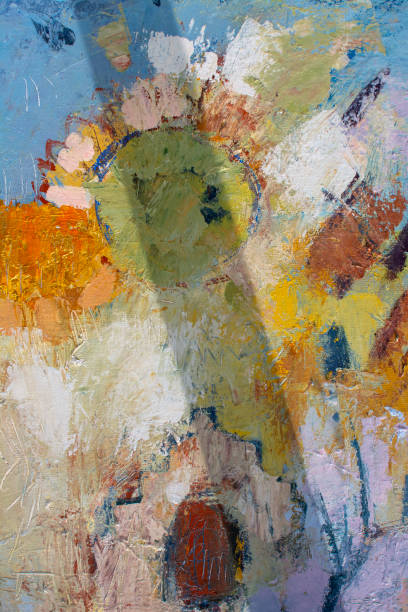 istock Blue oil painting on canvas. Original abstract acrylic orange paint. Gold thick paste. 1349257914