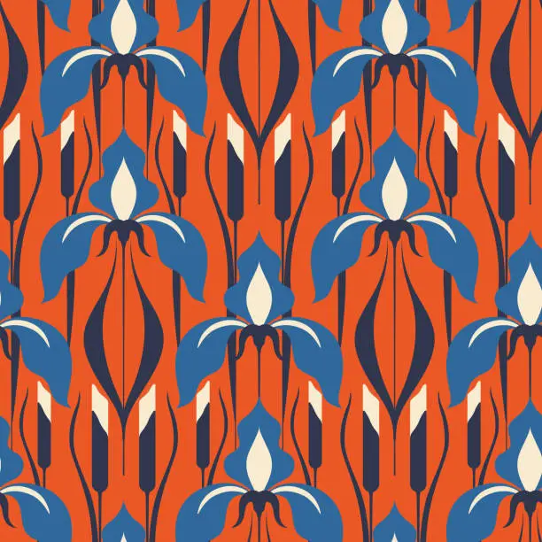 Vector illustration of Floral pattern in art deco style. Seamless pattern with iris flowers in retro style. Vector.