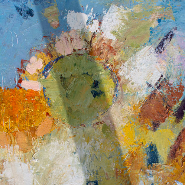 istock Blue oil painting on canvas. Original abstract acrylic orange paint. Gold thick paste. 1349258495