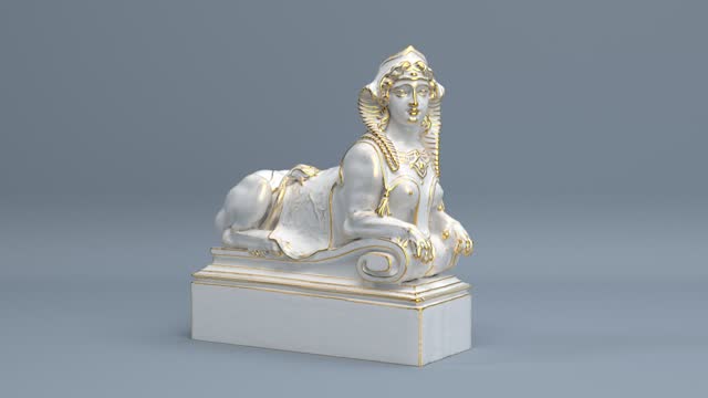 White and gold rotating sphinx sculpture from Belvedere garden in Vienna, Austria, old egyptian architecture in baroque style, antique lion statue seamless looping animated background